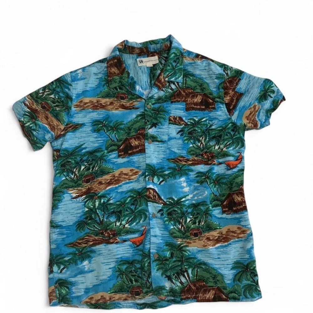 Aeropostale Tropical Island Shirt Mens Large Blue Viscose Excellent‎ Camp Collar